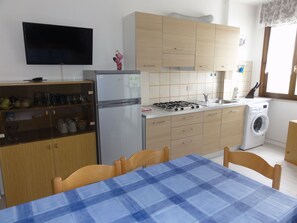 Fridge, microwave, stovetop, cookware/dishes/utensils