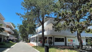 Un carrer amb un passeig pavimentat, arbres i edificis amb senyalització.