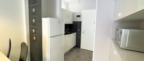 Fridge, microwave, dishwasher, cookware/dishes/utensils