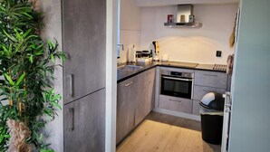 Une cuisine moderne dotée d’appareils électroménagers en acier inoxydable, d’un plancher en bois et d’une plante en pot.