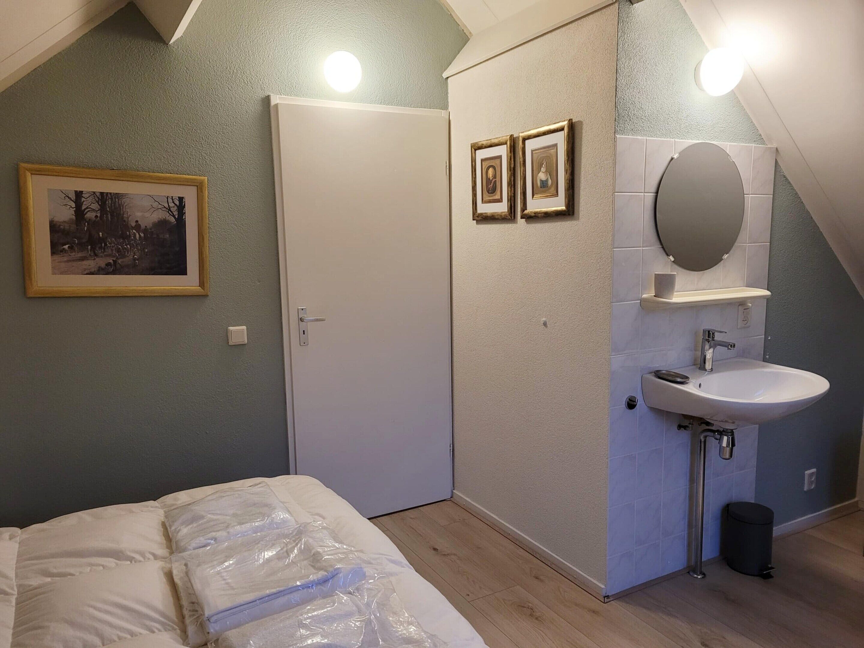 A bedroom with a bed, a door, a framed picture, a mirror, and a sink.