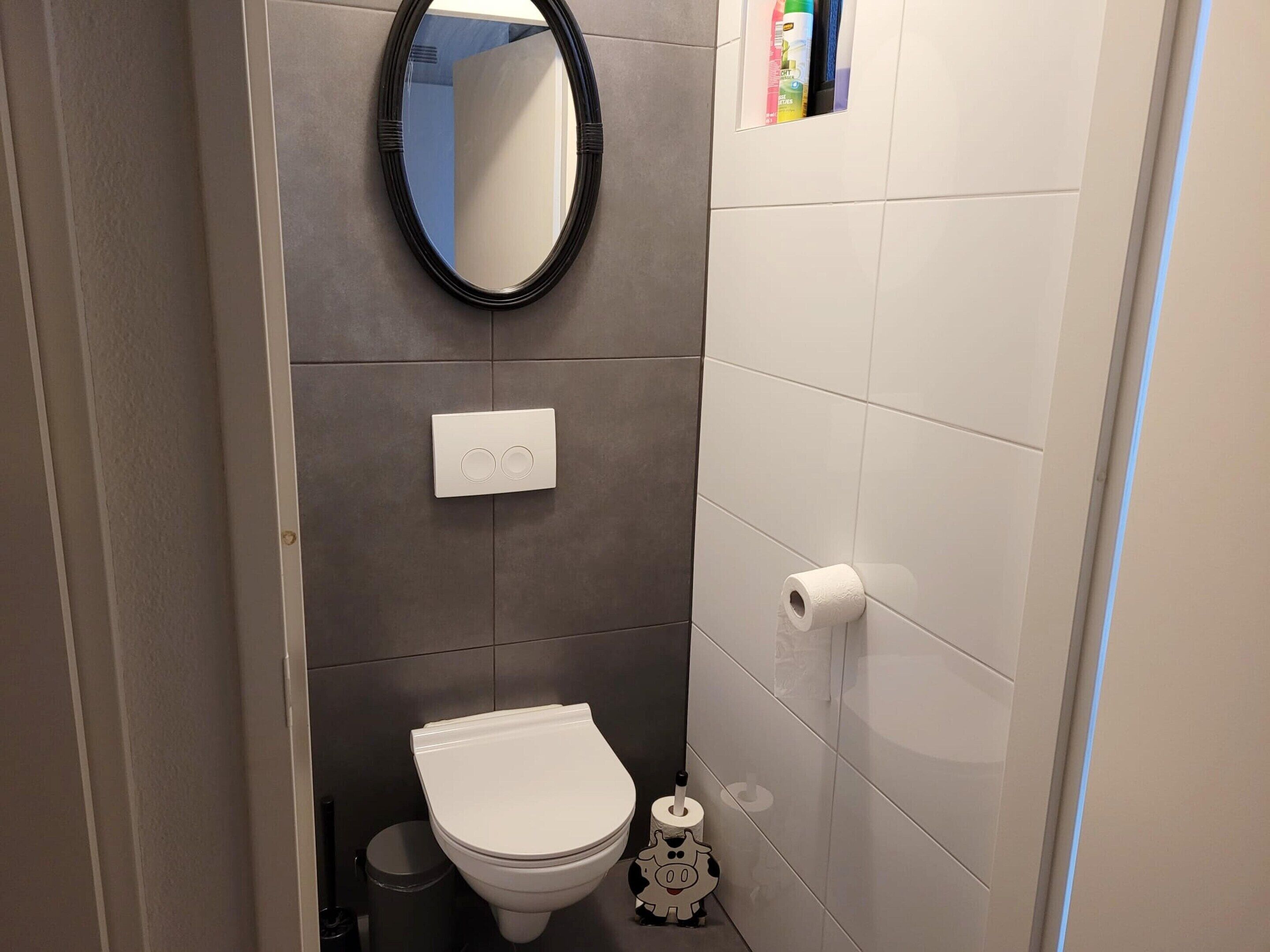 Un baño con inodoro, espejo, dispensador de papel higiénico y un cubo de basura.