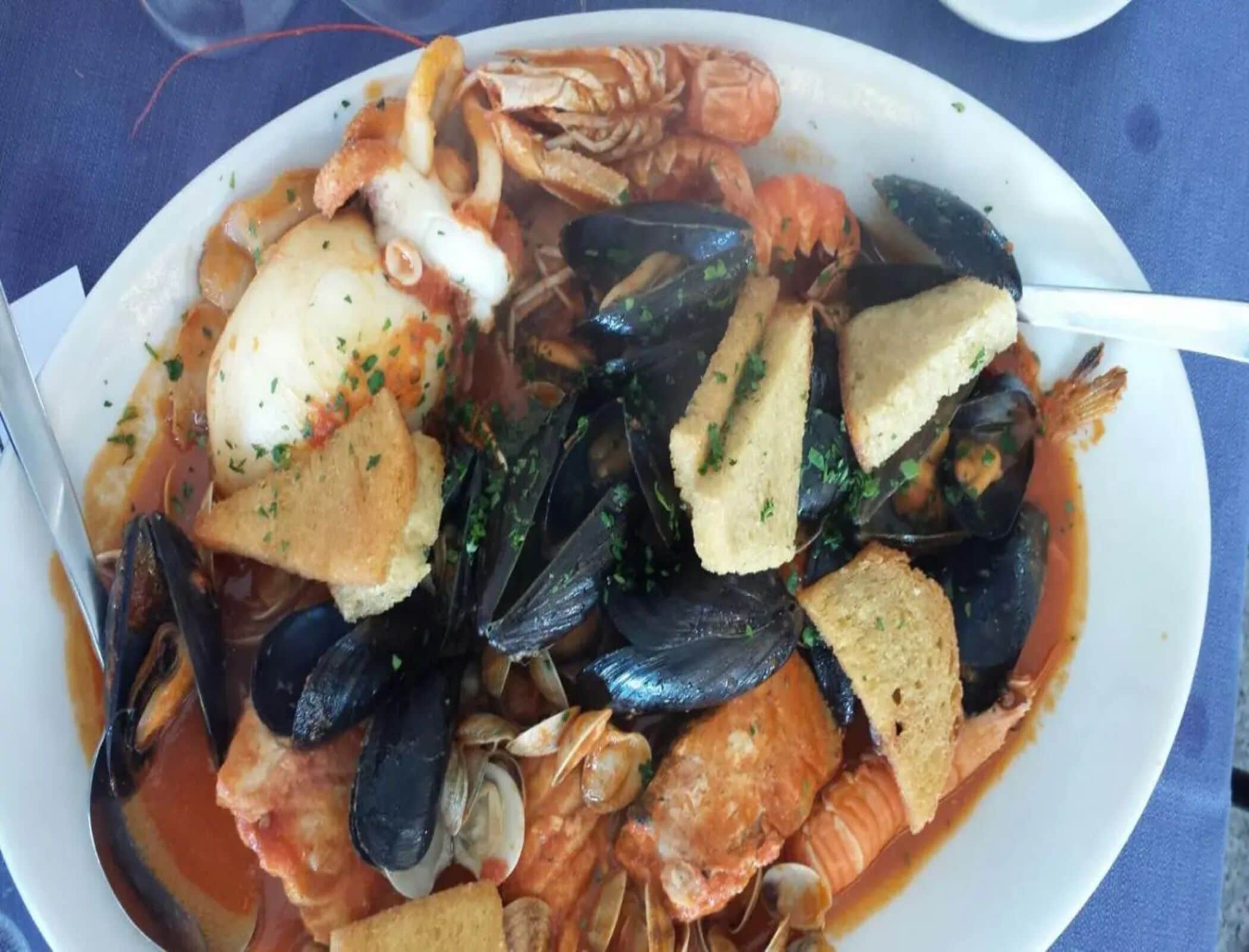 Un plato de mariscos con mejillones, camarones y un trozo de pan.