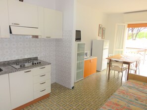 Kühlschrank, Mikrowelle, Herdplatte, Kochgeschirr/Geschirr/Besteck