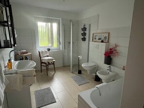 Haartrockner, Bidet, Handtücher, Seife
