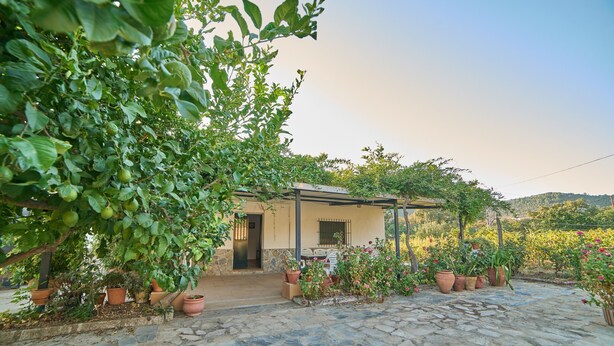 A stone-paved courtyard with a house, potted plants, and a pergola. - Holiday Home 'Huerta del Sol' with Private Pool, Balcony, and Air Conditioning (Aracena)