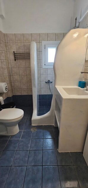 A bathroom with a toilet, a bathtub, and a shower.
