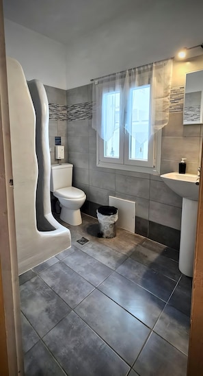 A modern bathroom with a toilet, sink, and shower area.
