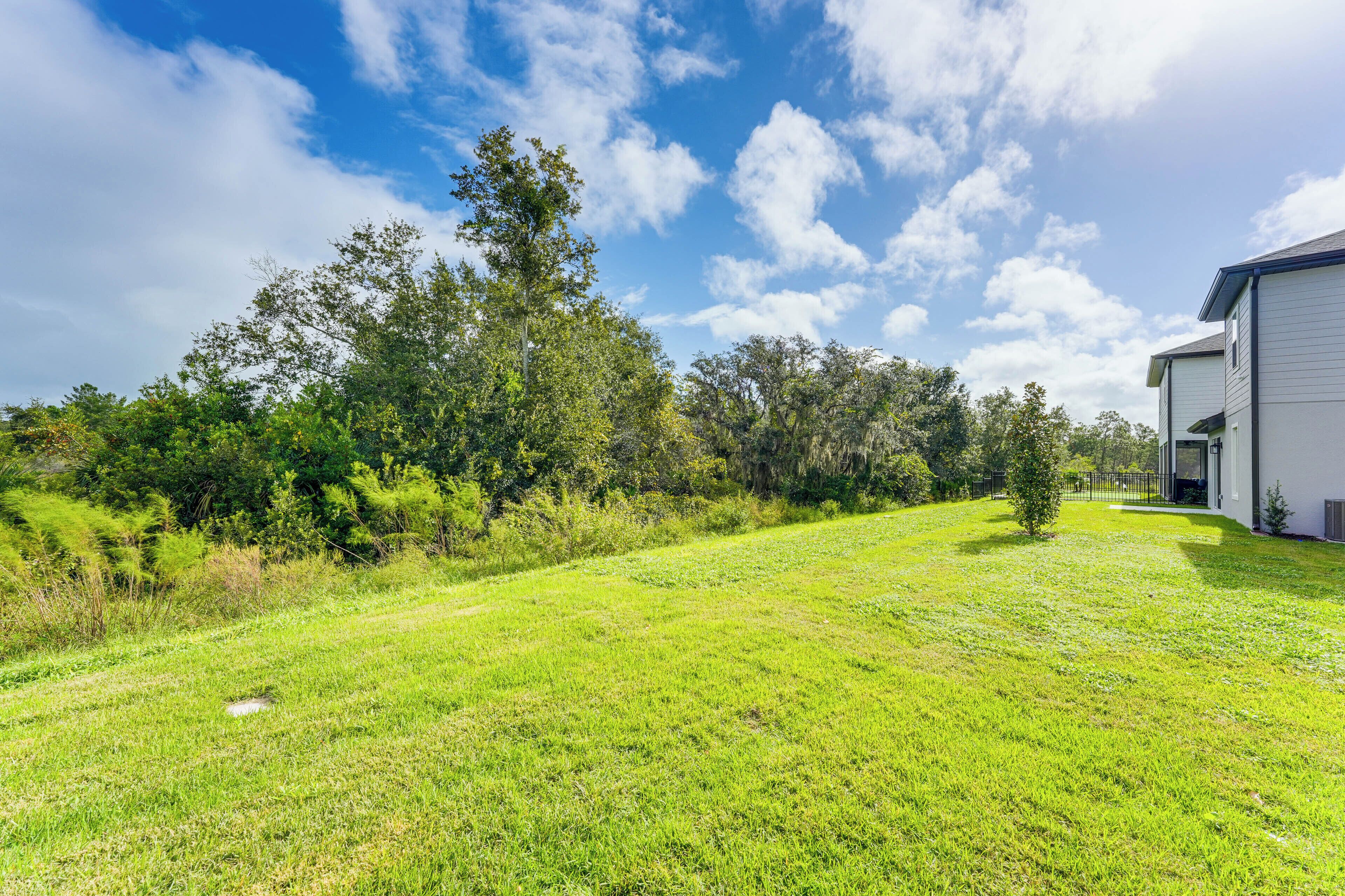 A grassy area with a building on the right.