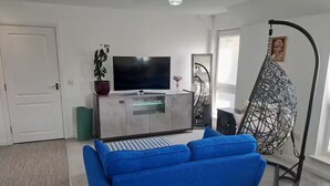 Un salon avec un canapé bleu, un téléviseur posé sur un meuble, un fauteuil suspendu et une plante en pot.