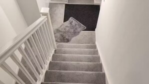 Un escalier recouvert de moquette, avec une main courante blanche et un tapis de couleur grise qui recouvre les marches, en bas.