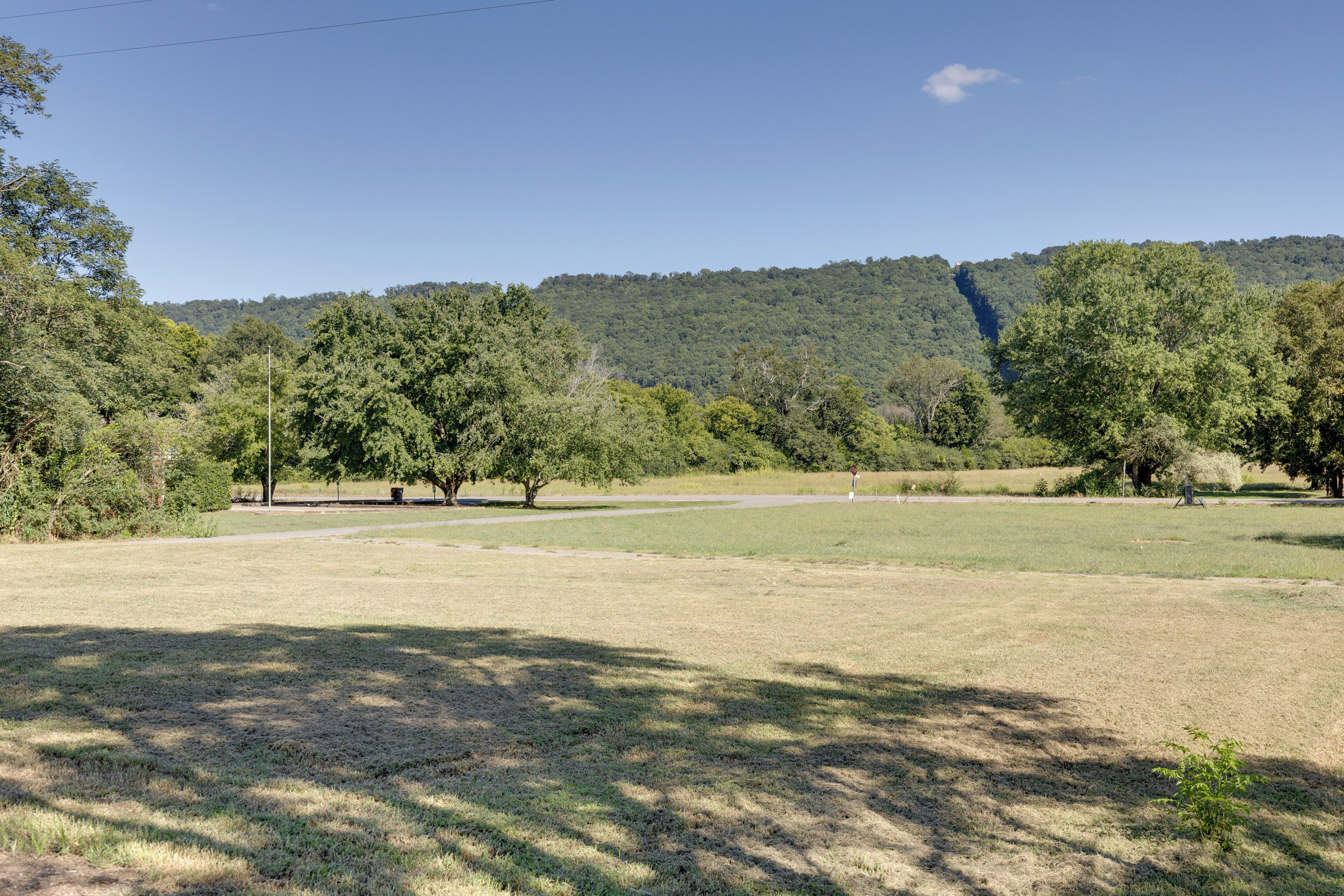 A park with open grassy areas, trees, and a hill in the background.