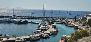 Un port de plaisance avec des bateaux amarrés, une jetée et une route qui longe le port.