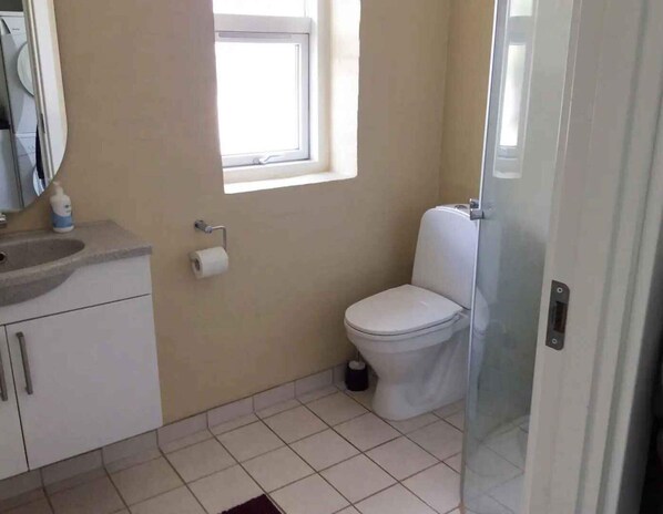 A small bathroom with a toilet, a sink, and a window.