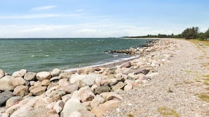 Una costa rocciosa con una vista limpida sul mare e una banchina di alberi in lontananza.