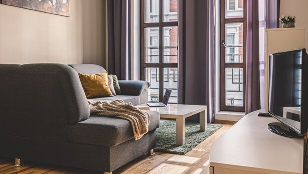 Un soggiorno moderno con un divano grigio, un tavolino da caffè e una TV a schermo piatto.