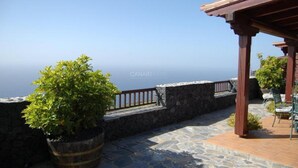 A stone terrace with a potted plant, outdoor seating, and a view of the sea. - Charming Casa Cabrera with stunning sea views and spacious terrace (Fuencaliente de La Palma)
