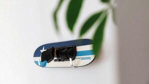 A pair of sunglasses with a blue and white design, lying on a white surface with a green plant in the background. - Batèl House 1 - By Breva Collections (Como)