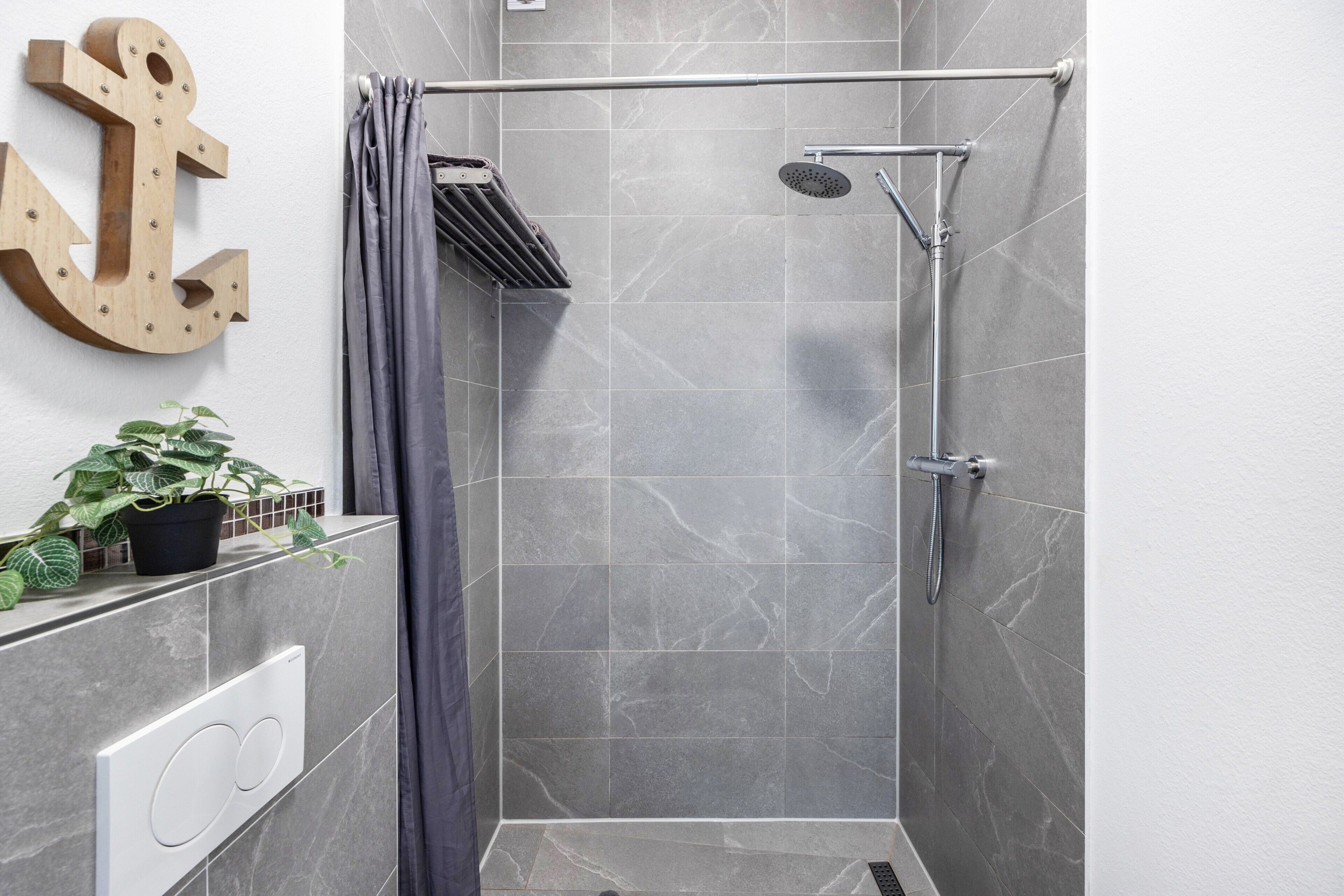 Een douche met een regenkopdouche, een handdoekhouder en een potplant aan de muur.