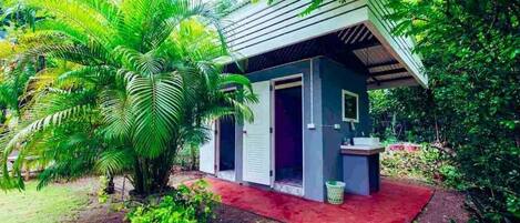 Shower, towels, soap, toilet paper