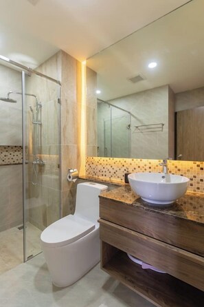 Shower, hair dryer, towels, soap