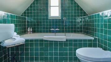 Hair dryer, towels, soap, shampoo