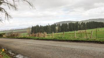 A rural road with a fence and fields on either side.