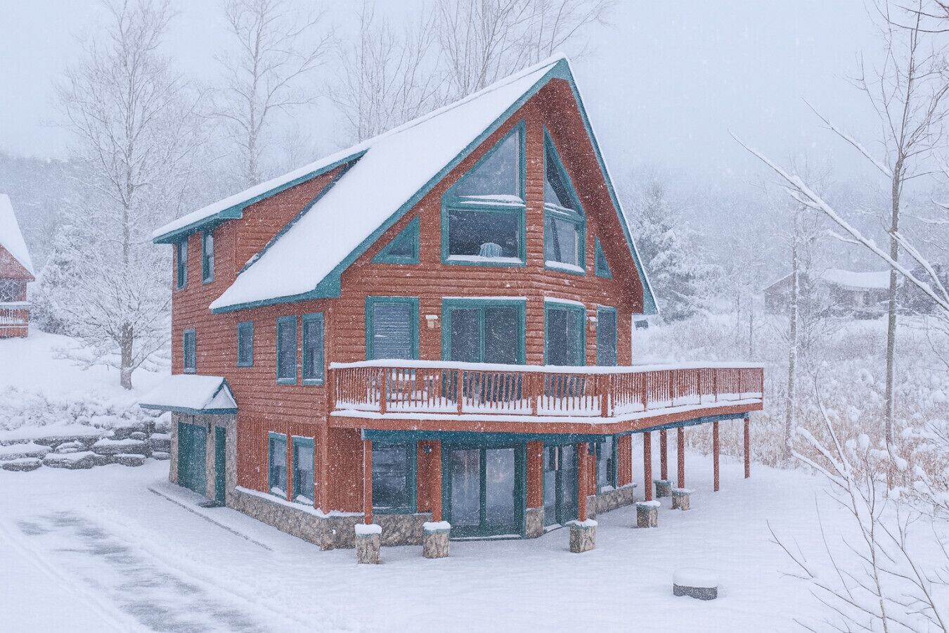 Ein großes, mehrgeschossiges Holzhaus mit einem markanten Balkon und verschneiter Umgebung.