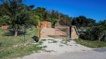 A rustic wooden house with a stone staircase leading to a gated entrance.