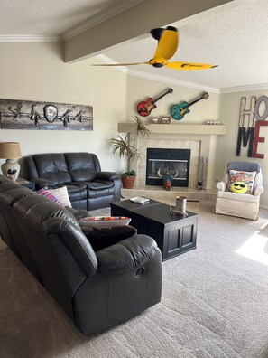 Smart TV, fireplace, DVD player, books