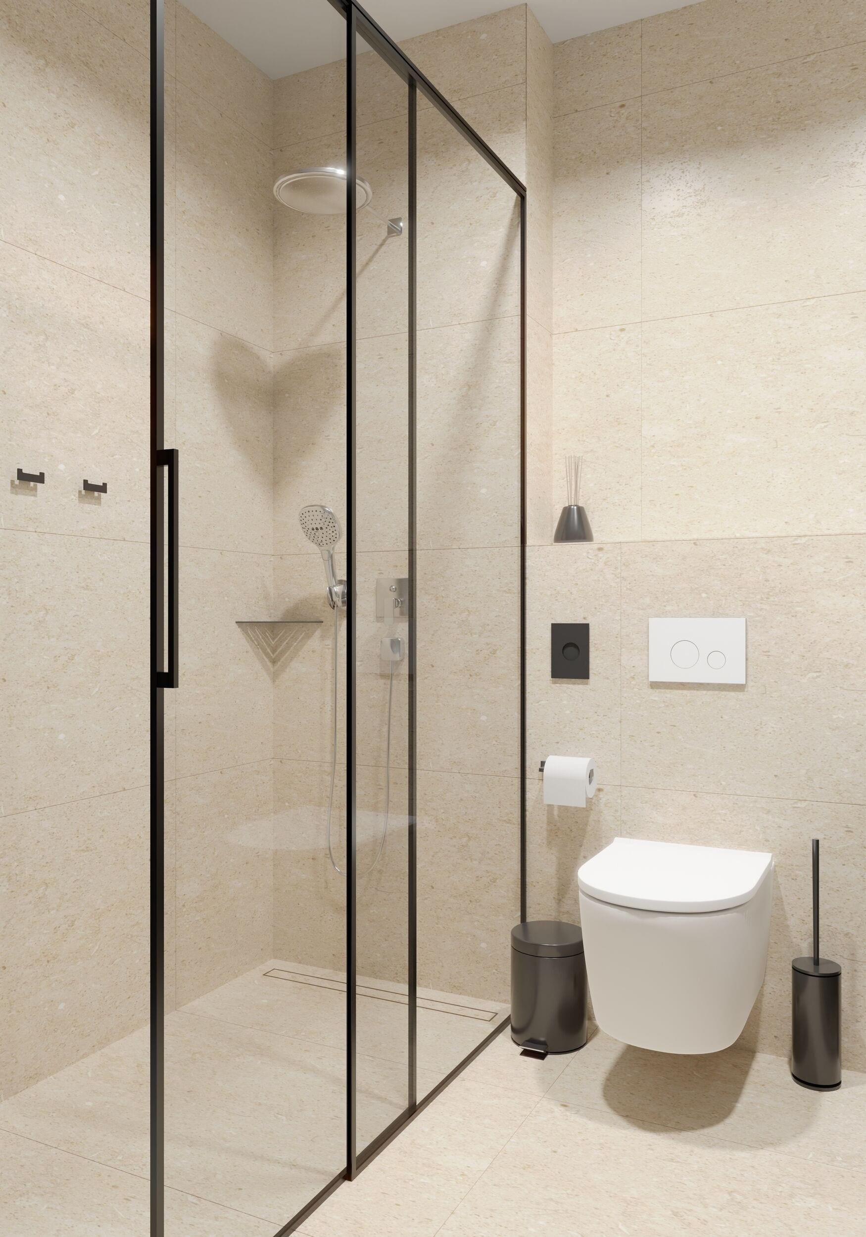 A modern bathroom with a glass-enclosed shower, a toilet, and a bidet.