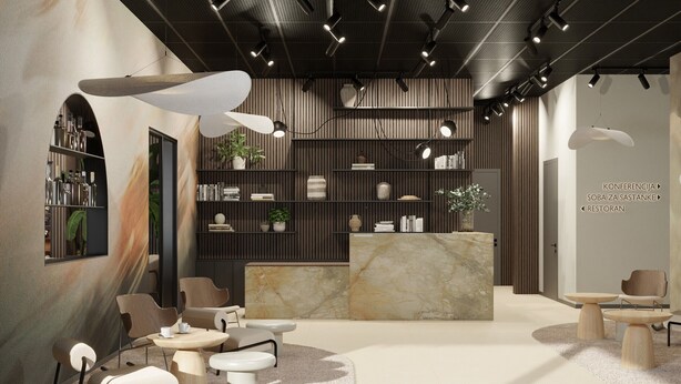 A modern interior with a reception desk, seating area, and shelves with decorative items. - Hotel Siscia (Sisak)