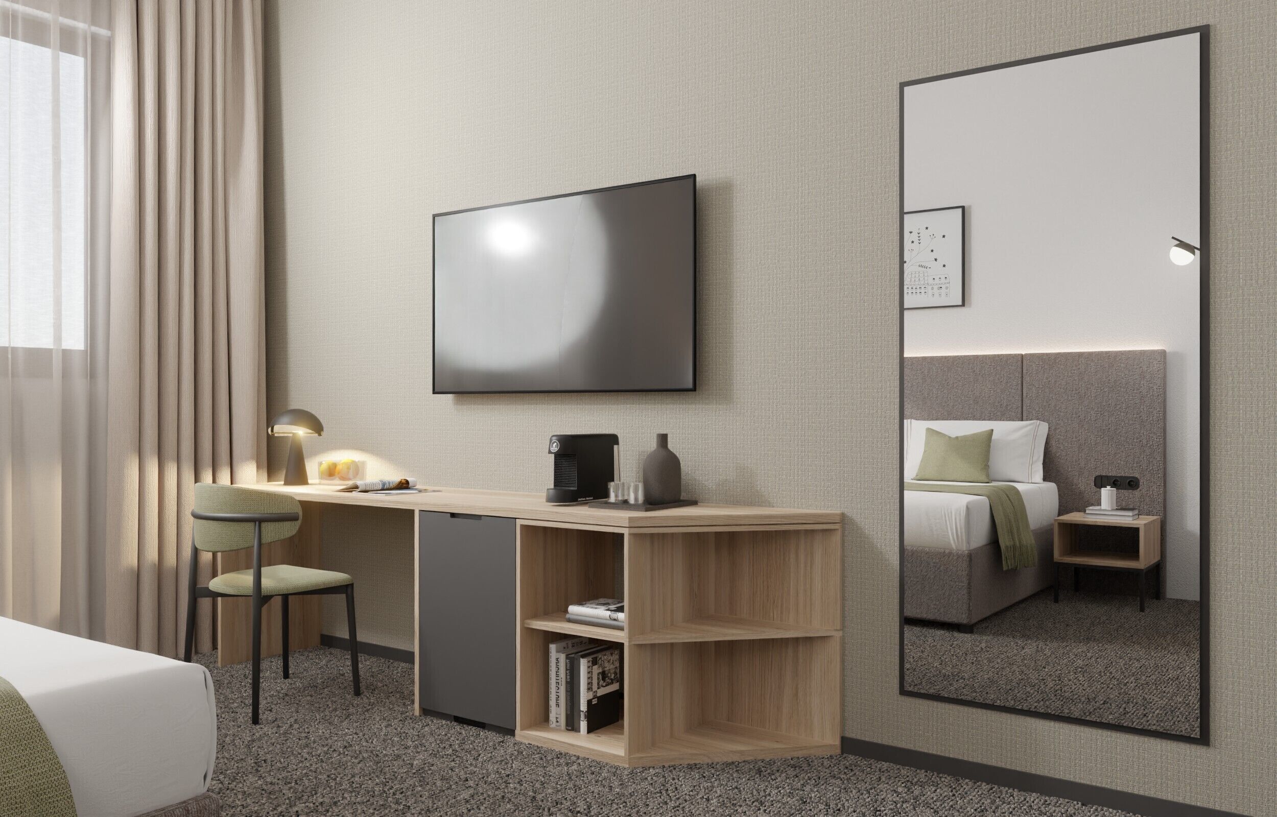 A modern hotel room with a large flat-screen TV, a desk with a lamp, a chair, a bookshelf, a bed with a headboard, and a mirror.