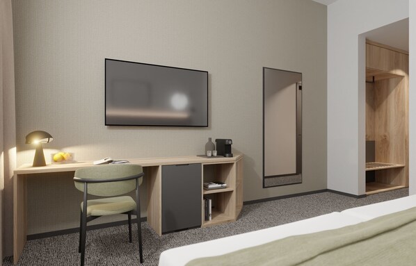 A modern hotel room with a desk, chair, bed, and wardrobe. - Hotel Siscia (Sisak)