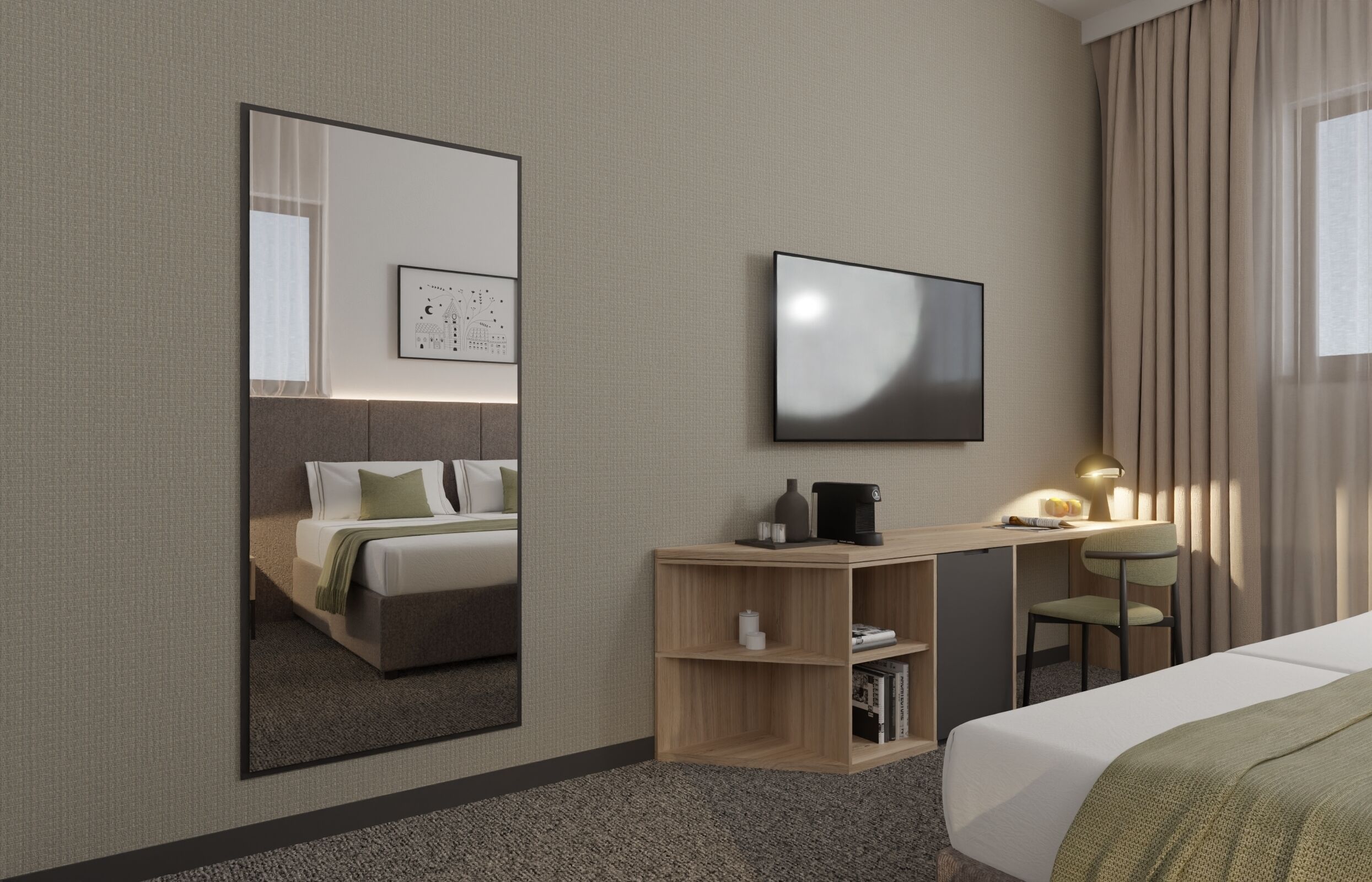 A hotel room with a bed, a desk with a chair, a bookshelf, a large mirror, and a TV on the wall.