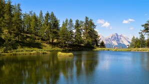 A calm lake surrounded by trees and mountains.