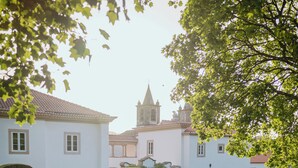 Um jardim formal com sebes geométricas, um lago refletor e arquitetura clássica ao fundo.