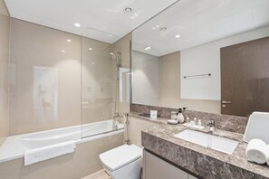 Shower, hair dryer, bidet, towels