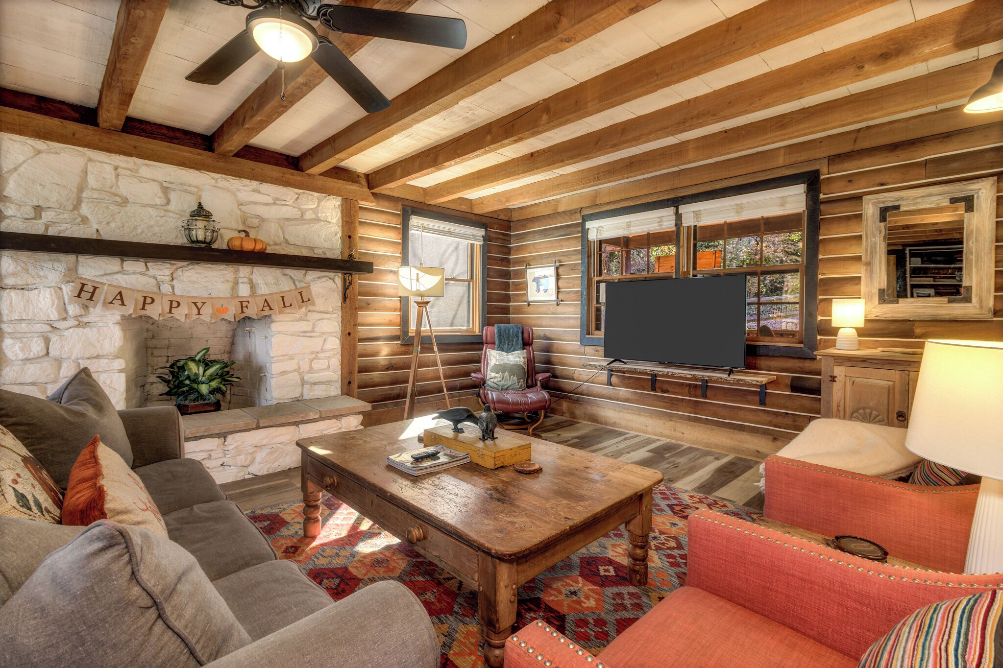 Smart TV, fireplace, books