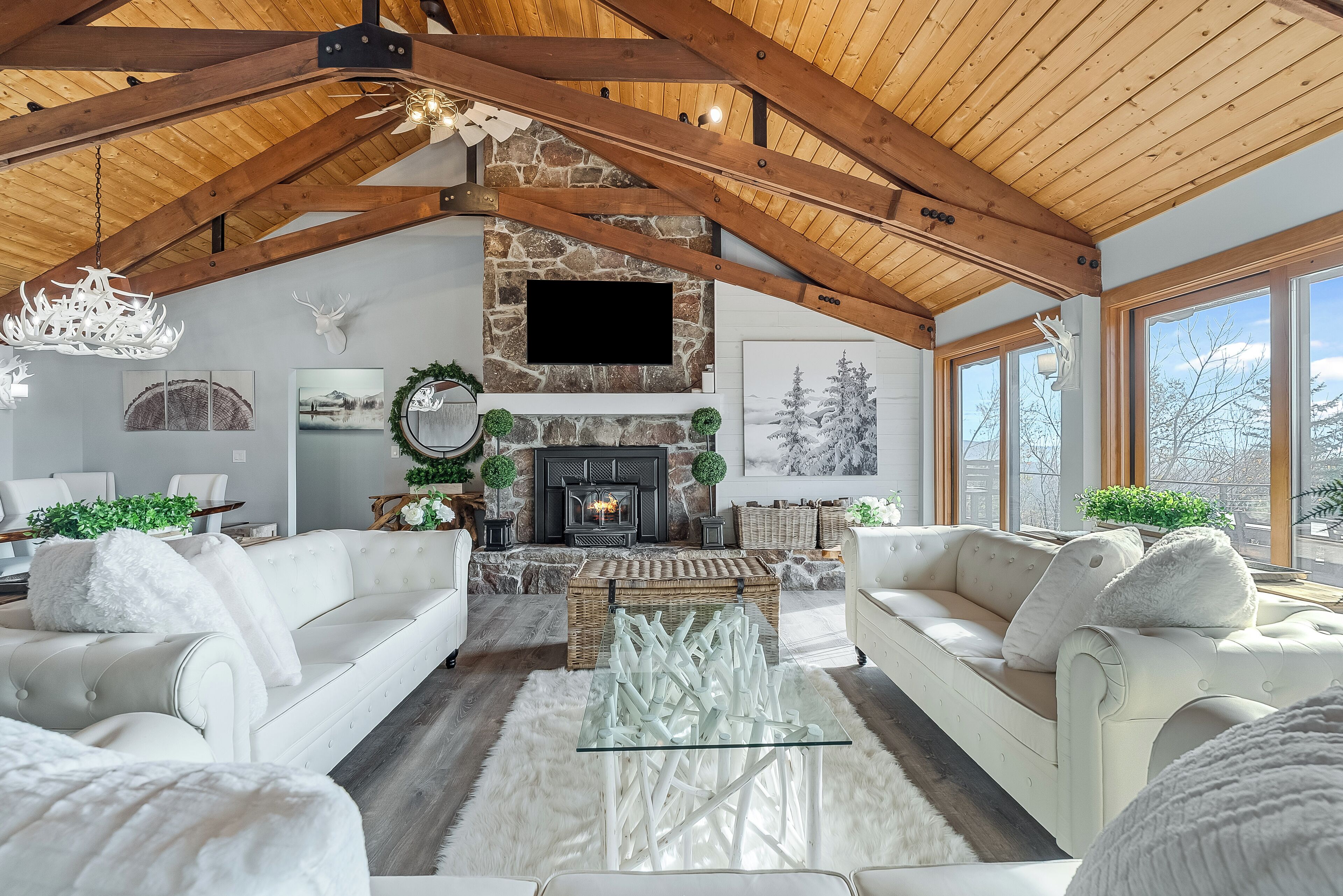 Smart TV, fireplace, video games, foosball