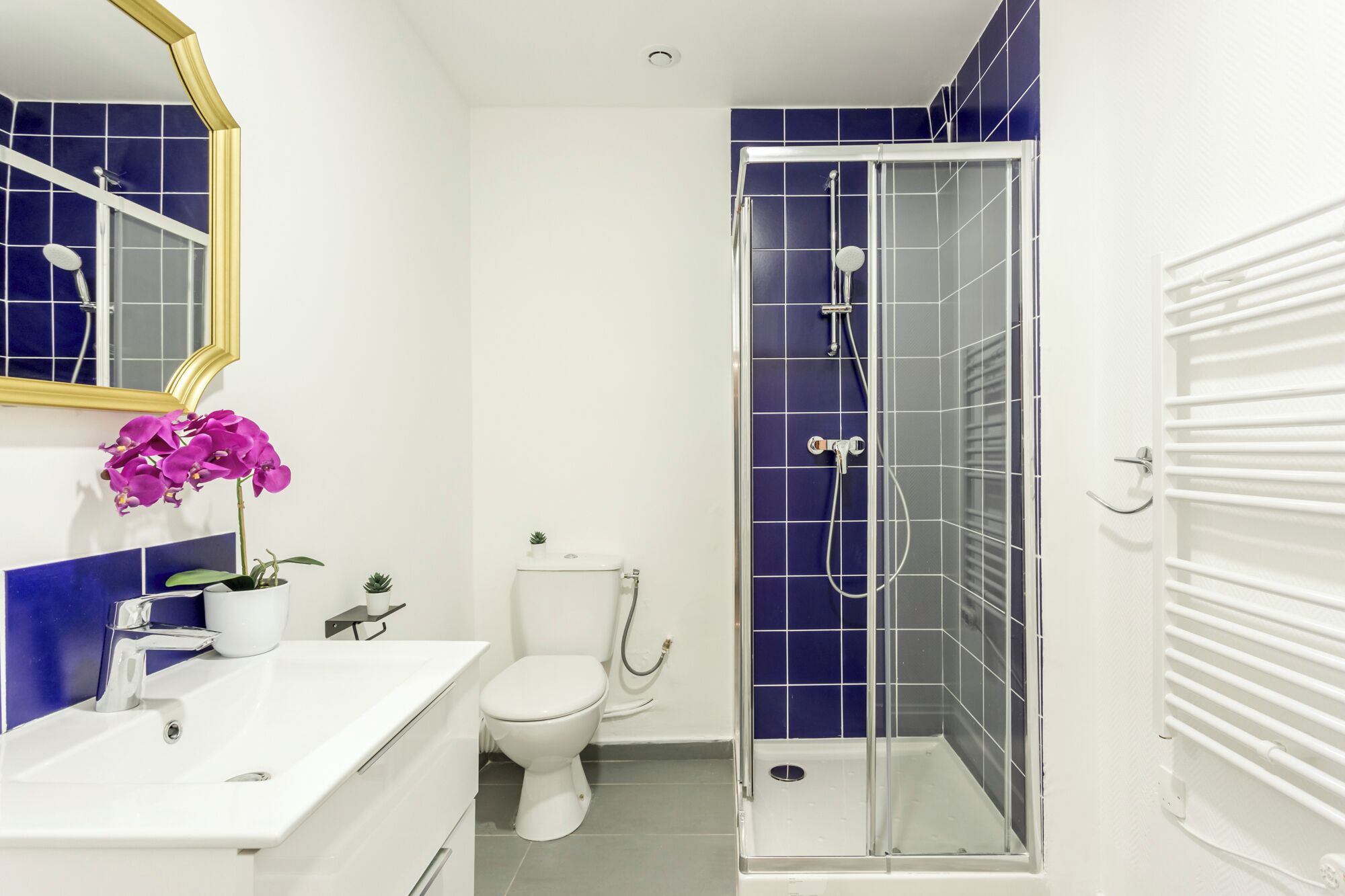 A bathroom with a white sink, a toilet, a shower with a glass door, and a mirror with a gold frame.