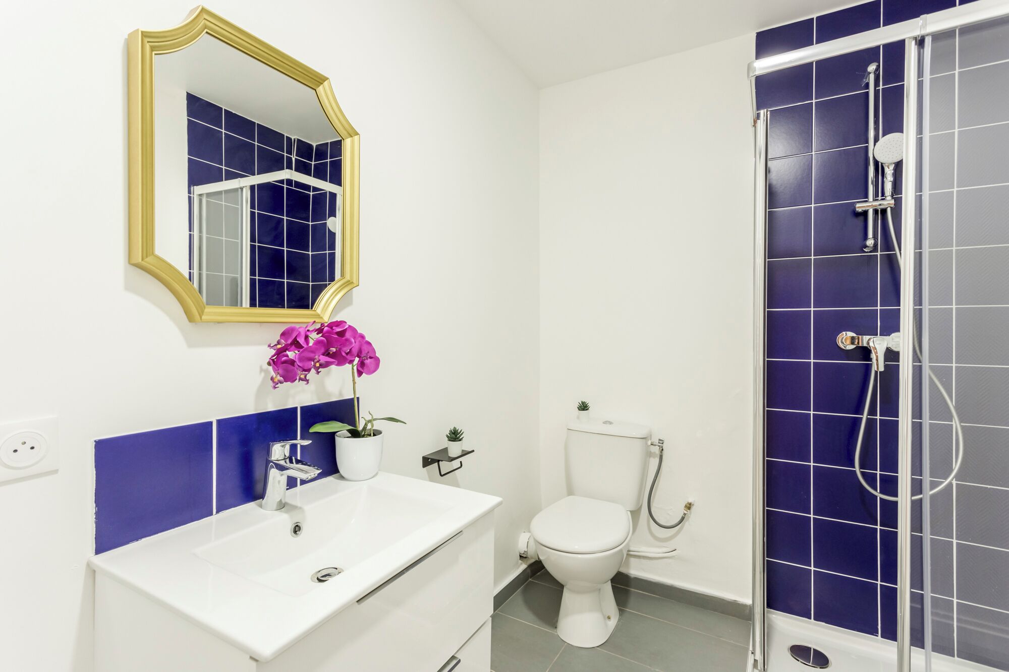 Een badkamer met een wit wastafel, een toilet, een douche met blauwe tegels en een spiegel met gouden lijst.