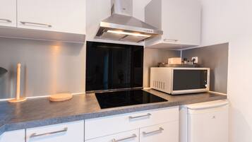 Frigorífico, microondas, horno y placa de cocina