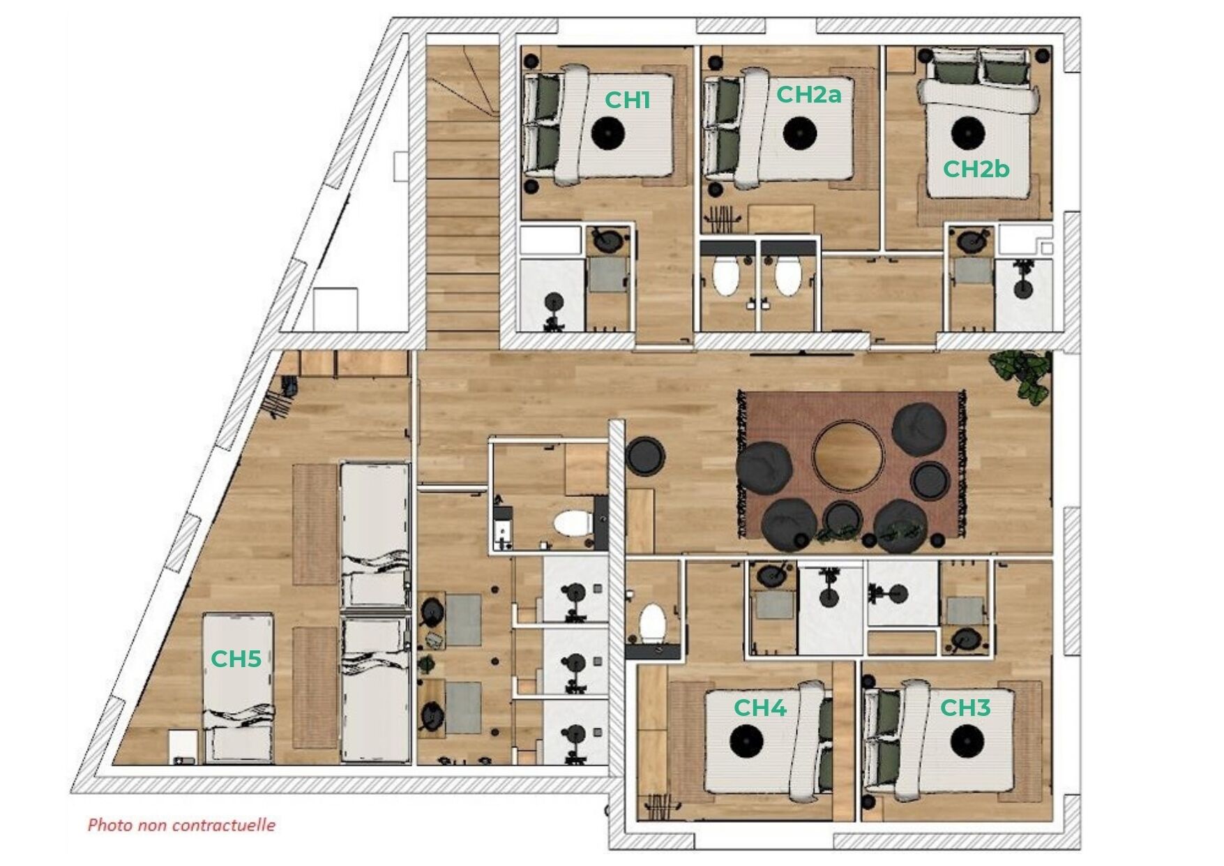 En planritning över ett hotellrum med kök, två sovrum, ett badrum och ett vardagsrum.