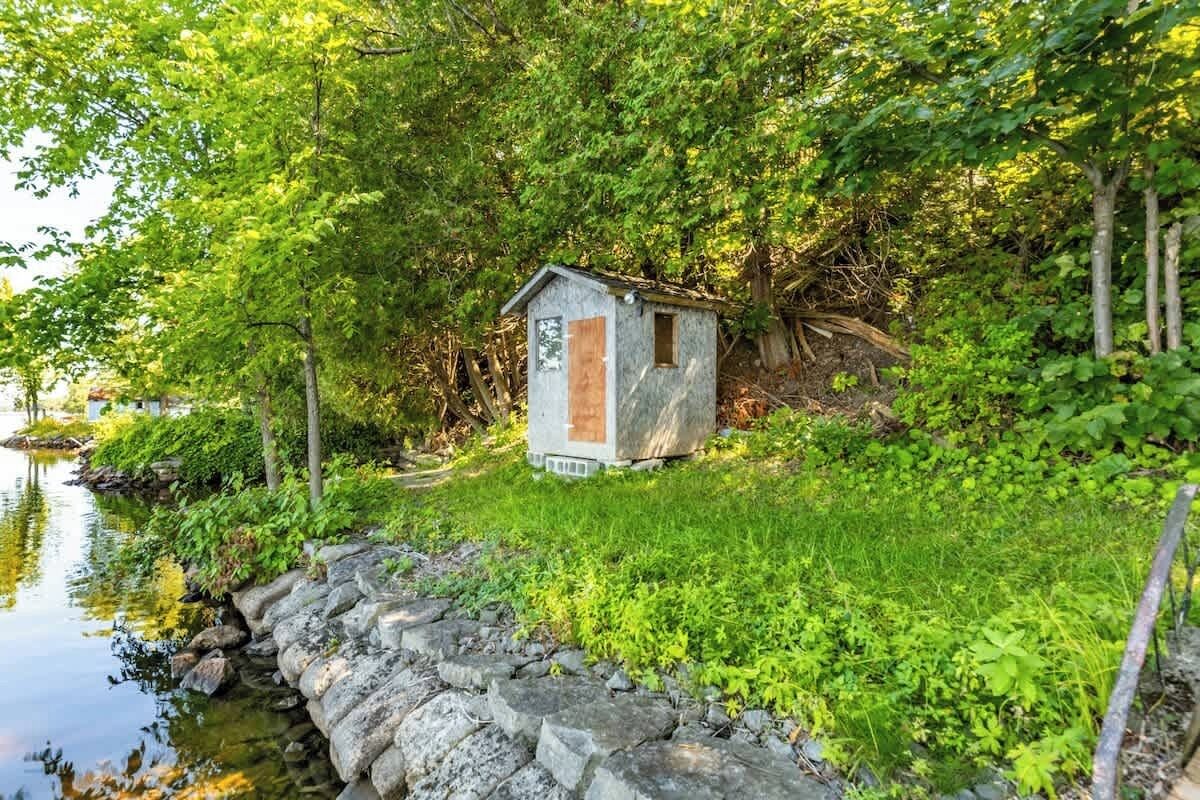 Une petite cabane en bois située au bord d’un étang, entourée d’une végétation luxuriante.