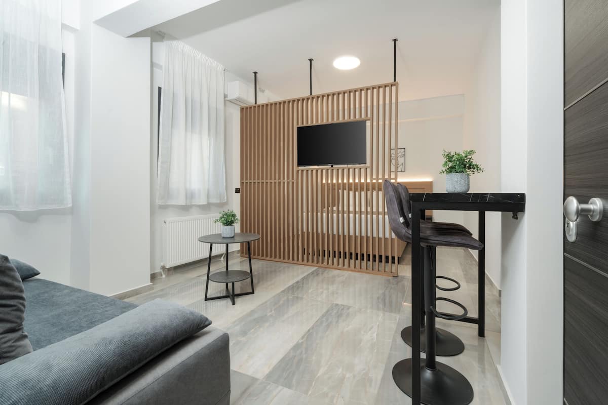 A modern living room with a grey sofa, a small round table with a plant, a wooden partition with a TV, and a dark bar stool.