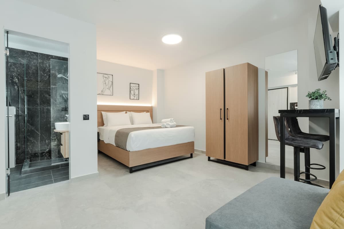 A modern hotel room with a bed, a wardrobe, a desk with a chair, and a shower area.