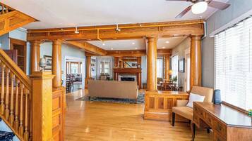 TV, fireplace, books, offices