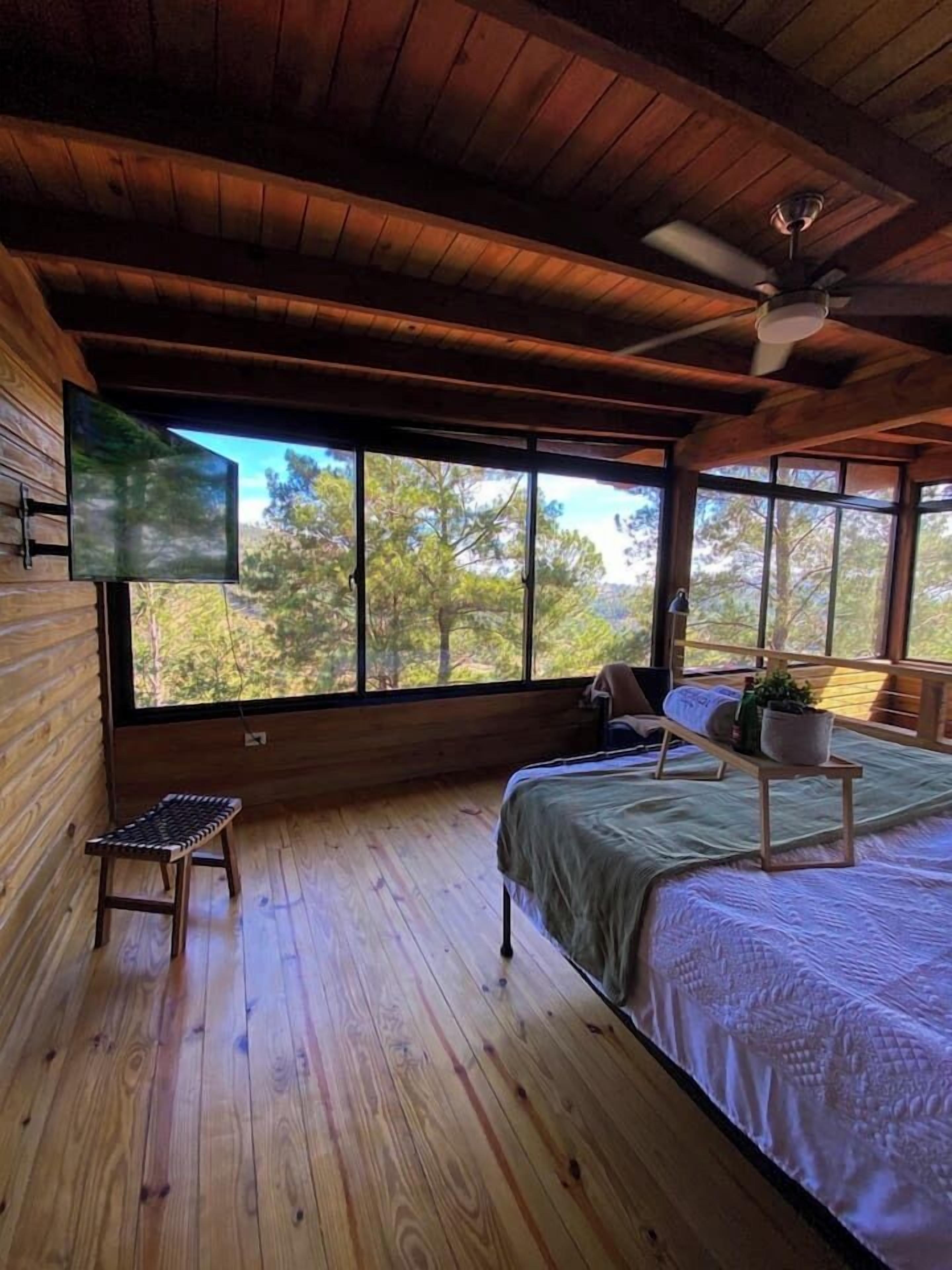 A wooden cabin interior with a bed, a small table, a chair, a television, and a large window offering a view of trees.