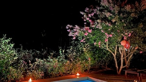 A rectangular swimming pool with a wooden deck surrounding it, two lit candles on either side, and a variety of flowering plants and shrubs in the background.